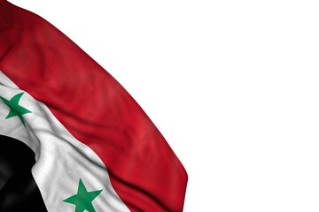 pretty Syrian Arab Republic flag with large folds lie in bottom left corner isolated on white - any feast flag 3d illustration..