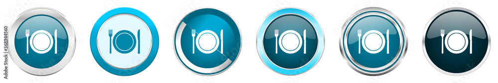 Poster Restaurant silver metallic chrome border icons in 6 options, set of web blue round buttons isolated on white background