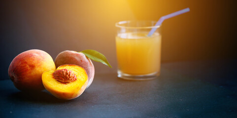 Fresh peach with peach lemonade on background. 