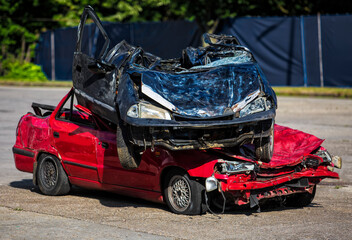 Two wrecked car on each other