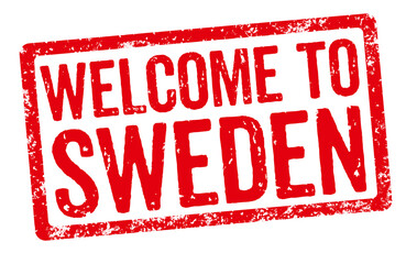 Red stamp on a white background - Welcome to Sweden