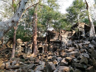 Fototapeta na wymiar Beng Mealea was built as a Hindu temple. Its primary material is sandstone, with trees and thick brush thriving amidst its towers and courtyards and many of its stones lying in great heaps. 