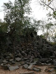 Beng Mealea was built as a Hindu temple. Its primary material is sandstone, with trees and thick brush thriving amidst its towers and courtyards and many of its stones lying in great heaps.  