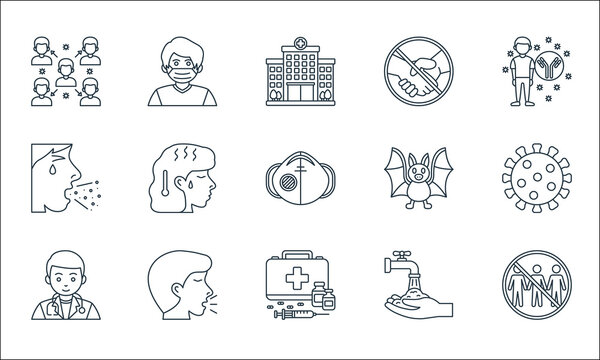coronavirus covid line icons. linear set. quality vector line set such as quarantine, vaccines, doctor, washing hand, cough, droplet, bat, no touch, medical mask.