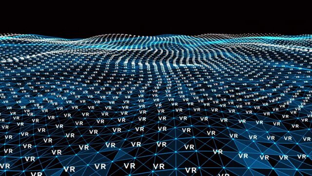 4k abstract Digital blue Wave of particles with text VR dance motion on wave and light.Futuristic dots background with a dynamic wave.Big data.Cyber or technology background.