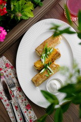 homemade pancakes with meat, traditional Russian cuisine.