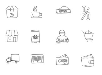 shopping hand drawn linear vector icons isolated on white background. shopping doodle icon set for web and ui design, mobile apps and print products