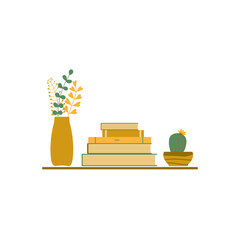 A stack of books, a flower in a pot, a vase of plant branches on a shelf. Interior elements for a living room, library, or children's room .