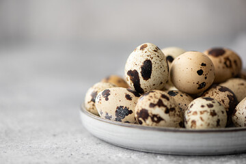 fresh quail eggs in a gray plate