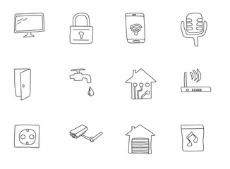 smart house hand drawn linear vector icons isolated on white background. smart house doodle icon set for web and ui design, mobile apps and print products