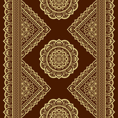 Seamless borders with mandala for design, application of henna, Mehndi and tattoo. Decorative pattern in ethnic oriental, Indian style. Doodle ornament. Outline hand draw vector illustration.