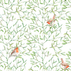 Beautiful seamless pattern with watercolor mistletoe plant leaves with robin birds. Stock illustraqtion.
