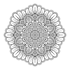Circular pattern in form of mandala with flower for Henna, Mehndi, tattoo, decoration. Decorative ornament in ethnic oriental style. Outline doodle hand draw vector illustration.