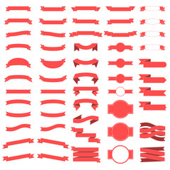Vector set of 55 ribbons, red colored flat ribbon. White background.