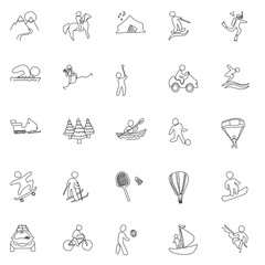 active recreation hand drawn linear doodles isolated on white background. active recreation icon set for web and ui design, mobile apps and print products