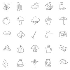 autumn hand drawn linear doodles isolated on white background. autumn icon set for web and ui design, mobile apps and print products