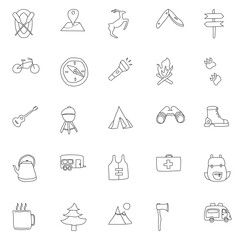camping hand drawn linear doodles isolated on white background. camping icon set for web and ui design, mobile apps and print products