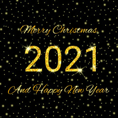 Happy New Year and Merry Christmas 2021 card. Golden glitter sparkles backdrop.