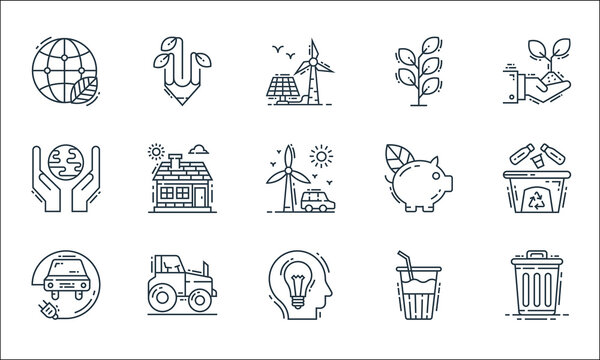 Environment And Eco Line Icons. Linear Set. Quality Vector Line Set Such As Trash Bin, Creative Idea, Electric Car, Drink, Tractor, Ecology, Piggy Bank, Plant, Ecology.