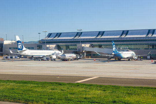 Alaska Airlines Boeing and Embraer airplanes San Jose Airport in California