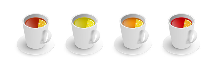 Realistic 3d cup of hot aromatic tea set. A teacup with green, black, herbal rooibos red tea with lemon, saucer isometric view isolated on white. Vector illustration for web, menu, app, design