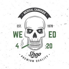 Medical cannabis badge, label with skeleton skull, smoking marijuana Vector. Vintage typography logo design with cannabis, skull, skeleton hand silhouette For weed shop, marijuana delivery service