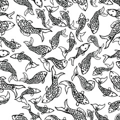 Seamless pattern with fish. Black fish with scales. Minimalistic freehand drawing. The original design. Vector illustration