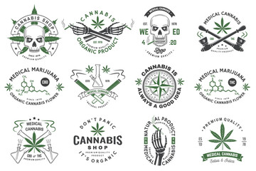 Set of medical cannabis badge, label with skull, skeleton hand, smoking marijuana. Vector Vintage typography logo design with cannabis, skeleton hand silhouette For weed shop, marijuana delivery