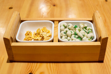 Pop corn and fried beans appetizer close-up view