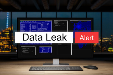 computer workstation in dark night office with skyline view warning data leak, 3D Illustration