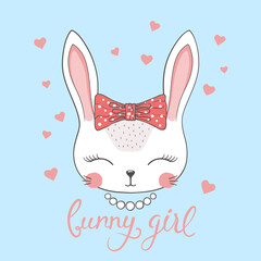 Cute bunny girl with bow. Illustration for t-shirt prints and other uses.