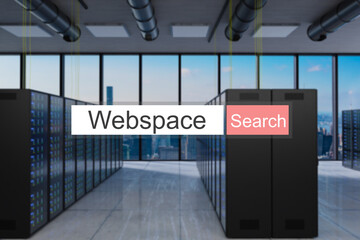 webspace in red search bar large modern server room skyline view, 3D Illustration