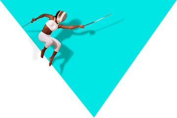 african woman jumping in fencing suit
