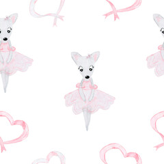 Watercolor pattern with animals. The cat dancer. Pink ribbons with hearts. Printing for textiles. Gift paper.