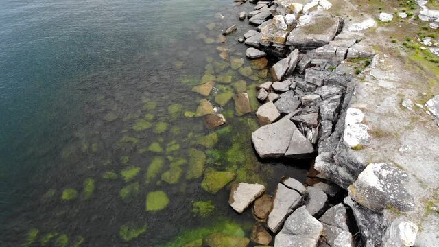 Aerial view over rugged coastline of Asunden Nature Reserve, Sweden