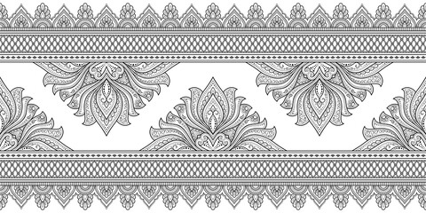 Seamless borders with mandala for design, application of henna, Mehndi and tattoo. Decorative pattern in ethnic oriental, Indian style. Doodle ornament. Outline hand draw vector illustration.