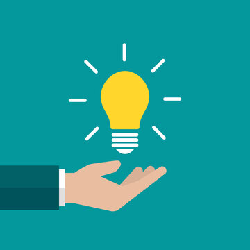 businessman hand with yellow shining bulb in hand. Vector flat illustration on blue.