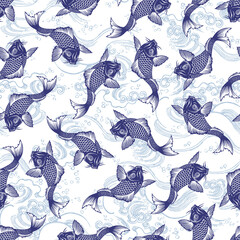 Seamless pattern of the Japanese-style carp and wave,