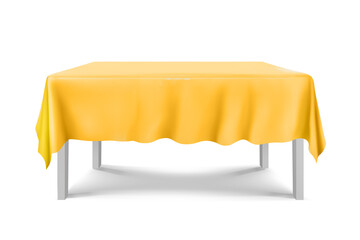White square Table with yellow tablecloth on a white background.cloth,realistick,3d.furniture for interior, vector