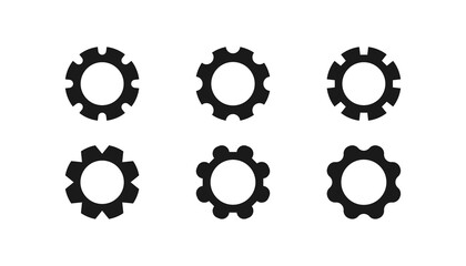 Set of gear cogwheel icons in black color. Machine mechanism in flat design. Isolated settings icon. Cog wheel illustration. Engine sign in round silhouette. Circle sign of gear. Vector EPS 10.