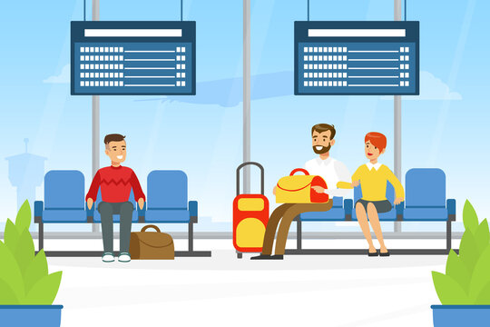 Passengers Sitting in Airport Terminal Waiting for Flight, People Travelling by Plane with Luggage Vector Illustration