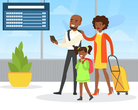 Passengers Walking with Luggage in Airport, African American Family Travelling by Plane Vector Illustration