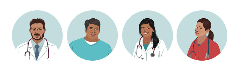 Indian Medics. Medical Characters. Doctors and nurses round portraits, team of doctors concept, medical office or laboratory. Modern flat vector concept digital people vector illustration
