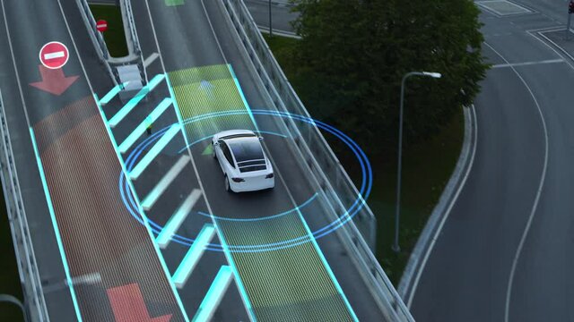 Following Aerial Drone View: Autonomous Self Driving Car Moving Through City Highway. Animated Visualization Concept: Sensor Scanning Road Ahead for Vehicles, Danger, Speed Limits. Day Urban Driveway