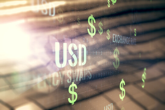 Virtual USD symbols illustration on blurry abstract metal background. Trading and currency concept. Multiexposure