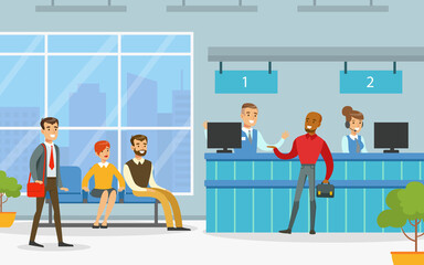 Bank Office Interior with Managers Providing Services to Customers, Financial Bank Service Vector Illustration