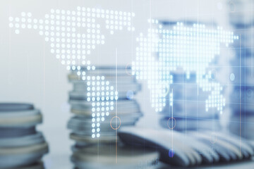 Double exposure of abstract digital world map hologram on growing coins stacks background, big data and blockchain concept