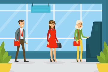 Queue of People Waiting in Line to the ATM, Financial Bank Service Vector Illustration