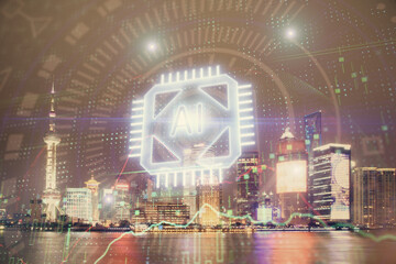 Data theme hologram drawing on city view with skyscrapers background double exposure. Ai concept.