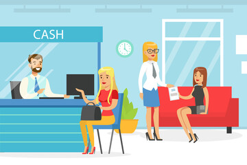 Bank Manager Servicing Female Client, Bank Interior with Cash Counter Desk and Cashier, Financial Bank Service Vector Illustration